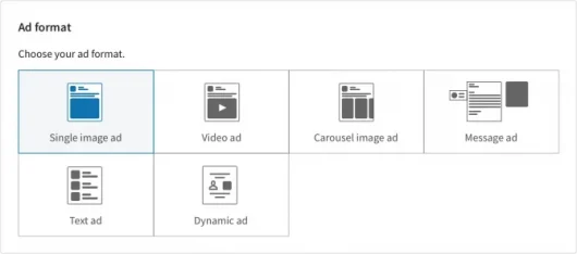Capture d'écran qui montre une sélection de formats d’annonce sur LinkedIn