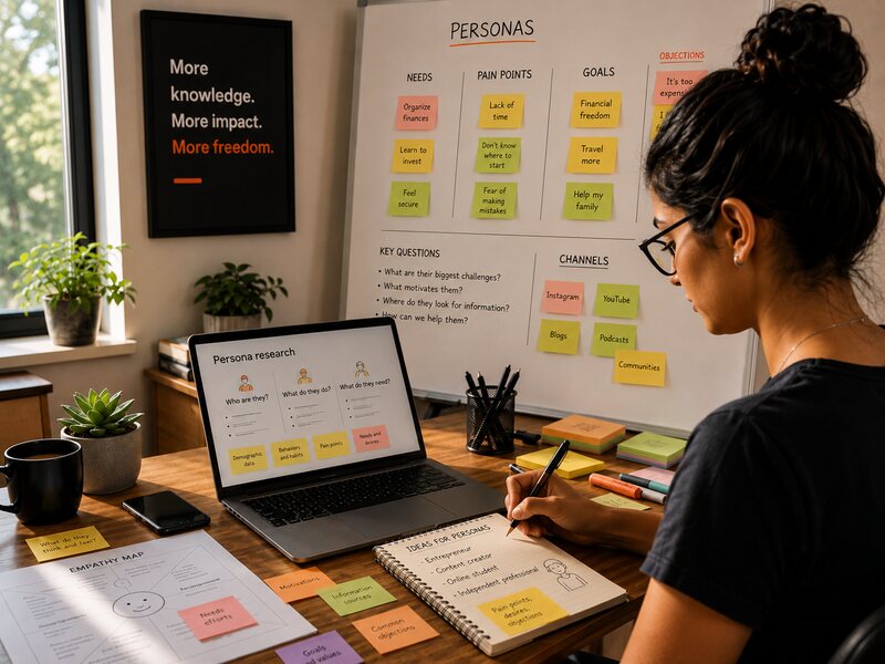 Professional researches customer profiles and organizes needs, pain points, goals, objections, and communication channels, illustrating what is a persona and how it supports targeted marketing strategies and audience understanding.