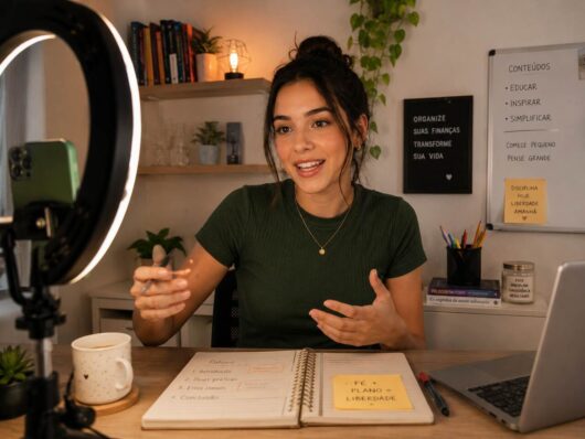 Nanoinfluenciadora digital grava conteúdo em frente a uma câmera com ring light em home office organizado, demonstrando estratégias de marketing de influência, criação de conteúdo, comunicação autêntica e conexão com a audiência nas redes sociais.