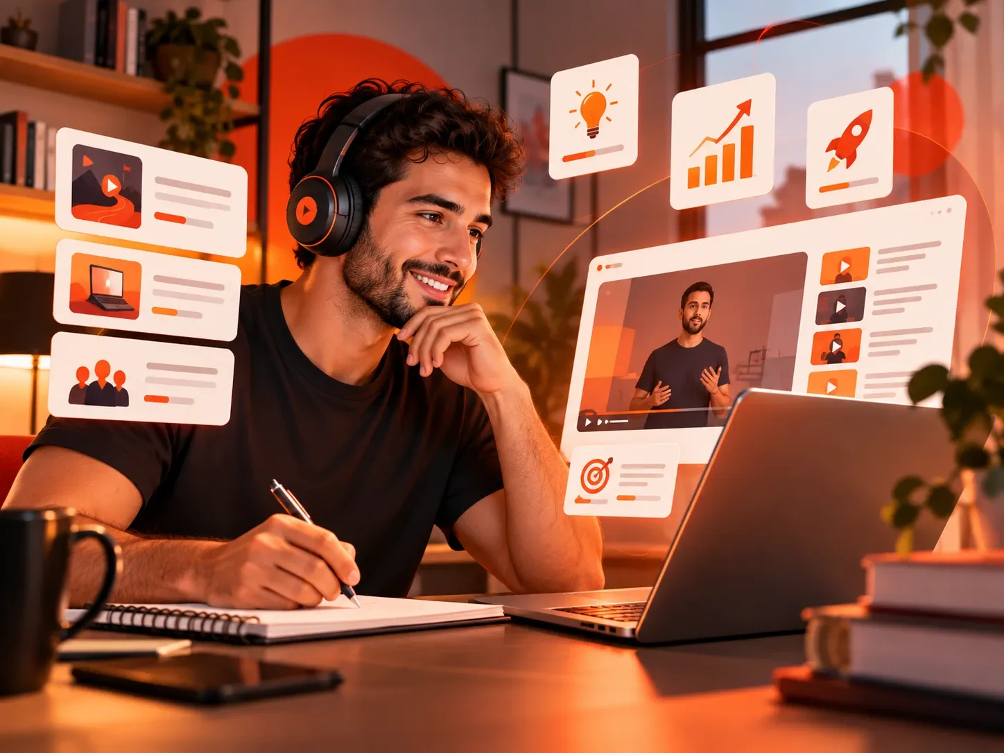 Homem de fones de ouvido faz anotações enquanto assiste a uma videoaula no notebook, cercado por cartões de cursos online, exemplo de cursos grátis na Hotmart.