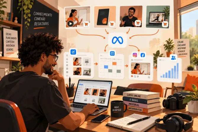 Homem planeja anúncios de infoprodutos como cursos, e-books e mentorias, organizando conteúdo e publicações no Instagram e Facebook pelo Meta Business Suite, com gráfico de crescimento de vendas.