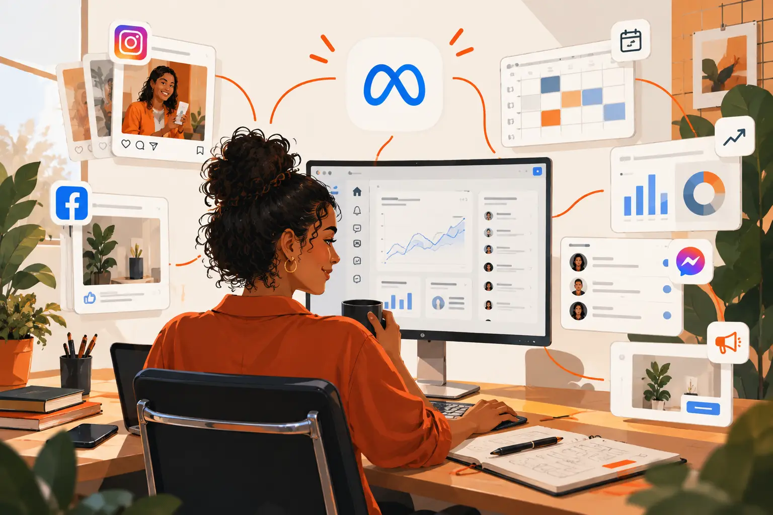 Mulher gerencia redes sociais pelo Meta Business Suite em um monitor, cercada por ícones do Instagram, Facebook e Messenger, gráficos de desempenho e calendário de publicações.