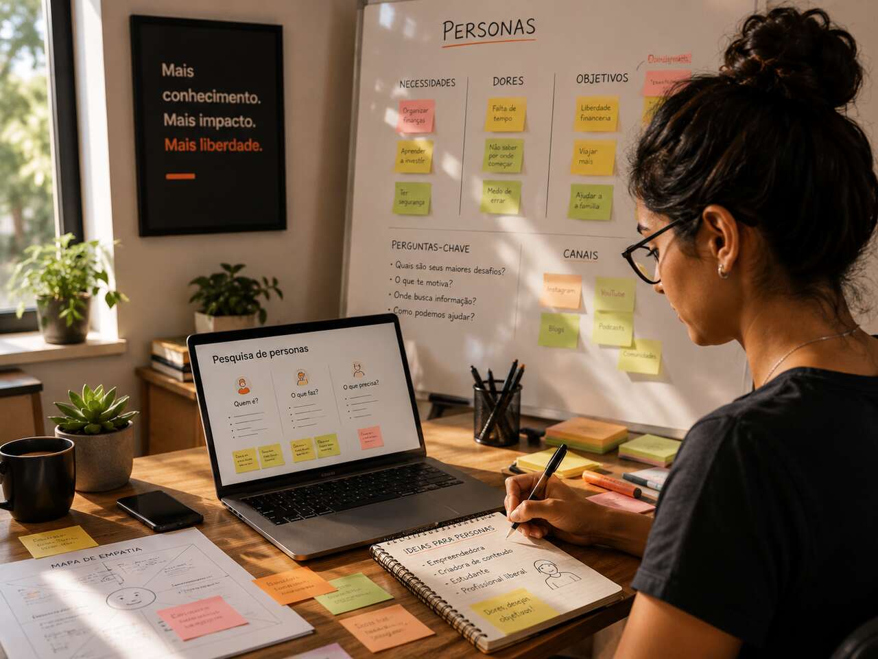Profissional pesquisa necessidades, dores, objetivos e canais do público para entender o que é persona e como criar personas, utilizando notebook, mapa de empatia, anotações e post-its para estruturar perfis estratégicos.