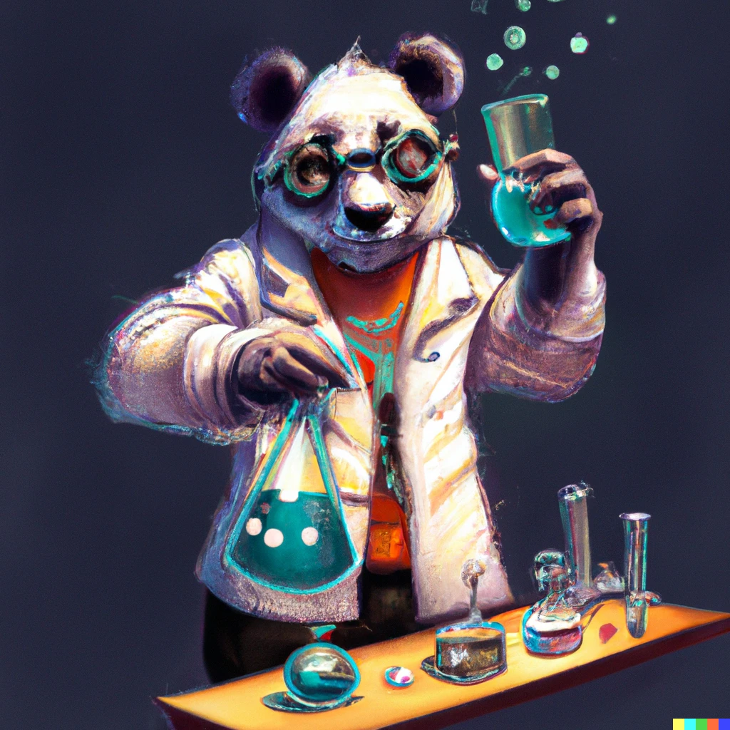 ferramentas de inteligência artificial - teste Dall-E 2 - “um panda cientista misturando elementos químicos borbulhantes, arte digital”