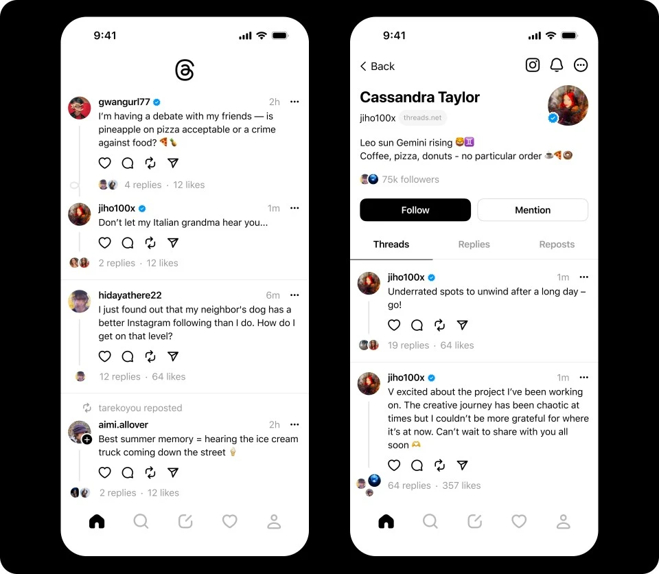 interface do threads - prints de duas telas, uma do feed e outra de perfil