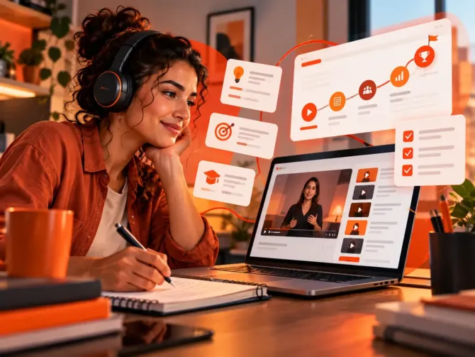 Mulher faz anotações enquanto assiste a uma videoaula no notebook, com etapas visuais de como criar uma trilha de aprendizagem, do início ao objetivo final.
