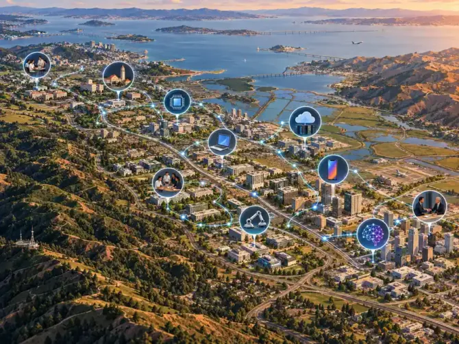 Ilustração em formato de mapa do Vale do Silício, mostrando universidades, empresas de tecnologia, inteligência artificial, robótica e nuvem conectadas por uma rede ao longo da baía de São Francisco.