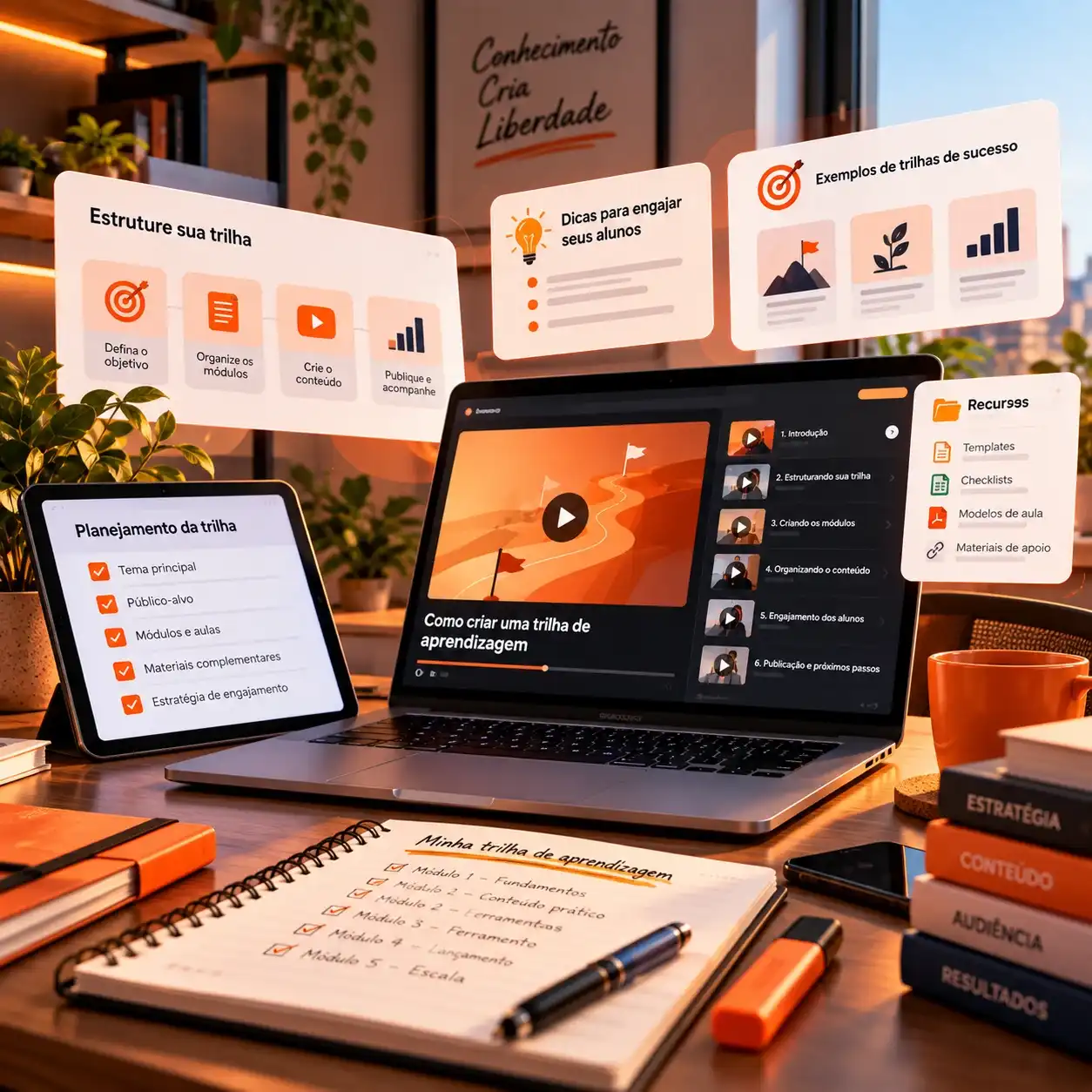 Mesa de trabalho com notebook, tablet e caderno exibindo o planejamento de uma trilha de aprendizagem, com etapas para estruturar módulos, engajar alunos e acompanhar resultados.