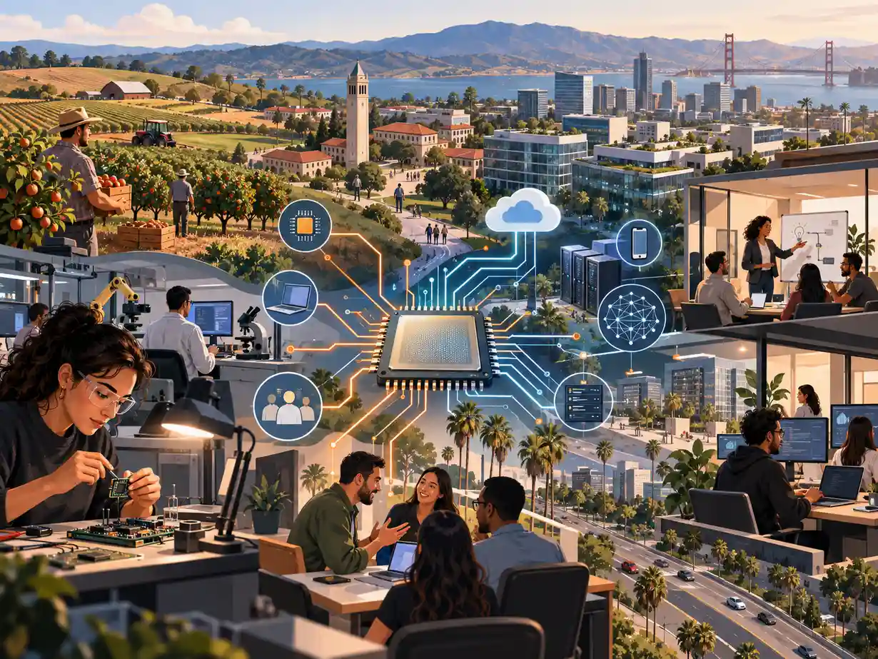 Montagem representando o Vale do Silício: universidade, escritórios de tecnologia, engenheiros trabalhando com circuitos e um chip central conectando inovação, nuvem, redes e colaboração entre equipes.