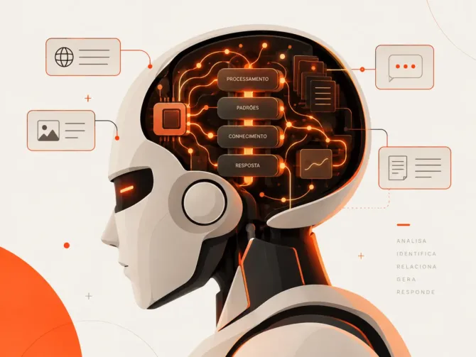 Ilustração de robô com cérebro exibindo processamento, padrões, conhecimento e resposta, conectado a ícones de texto, imagem e conversa, representando como funciona o ChatGPT e a inteligência artificial.