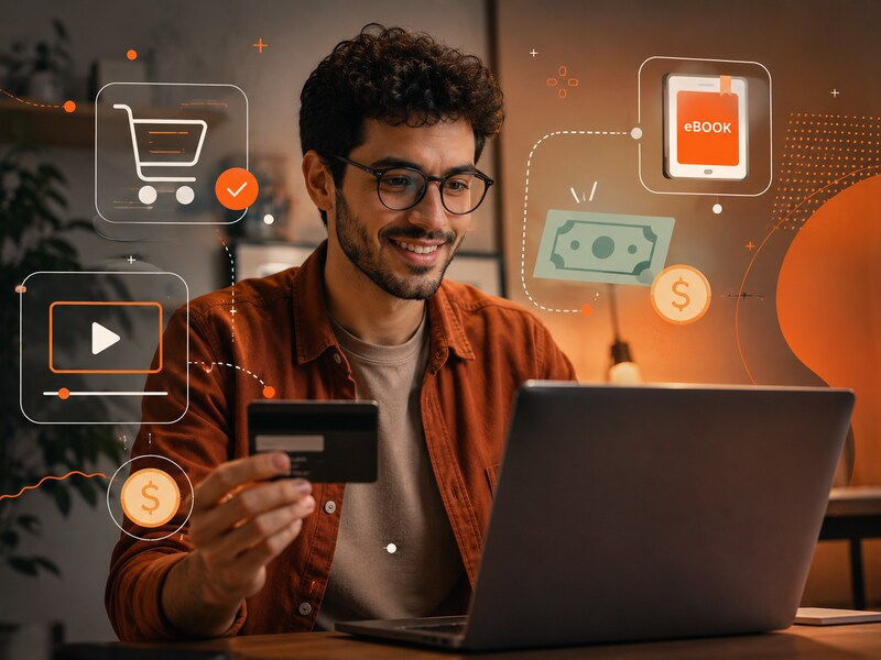 Criador digital realiza compra pelo notebook, com elementos de vídeo, e-book e pagamento ao redor, representando uma plataforma para vender produtos digitais e monetizar conteúdo online.