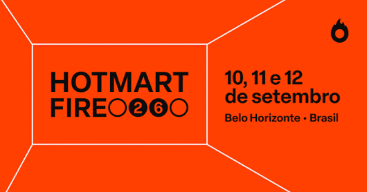 Arte promocional do Hotmart Fire 2026 anuncia o evento nos dias 10, 11 e 12 de setembro, em Belo Horizonte, Brasil, com identidade visual em laranja e preto.