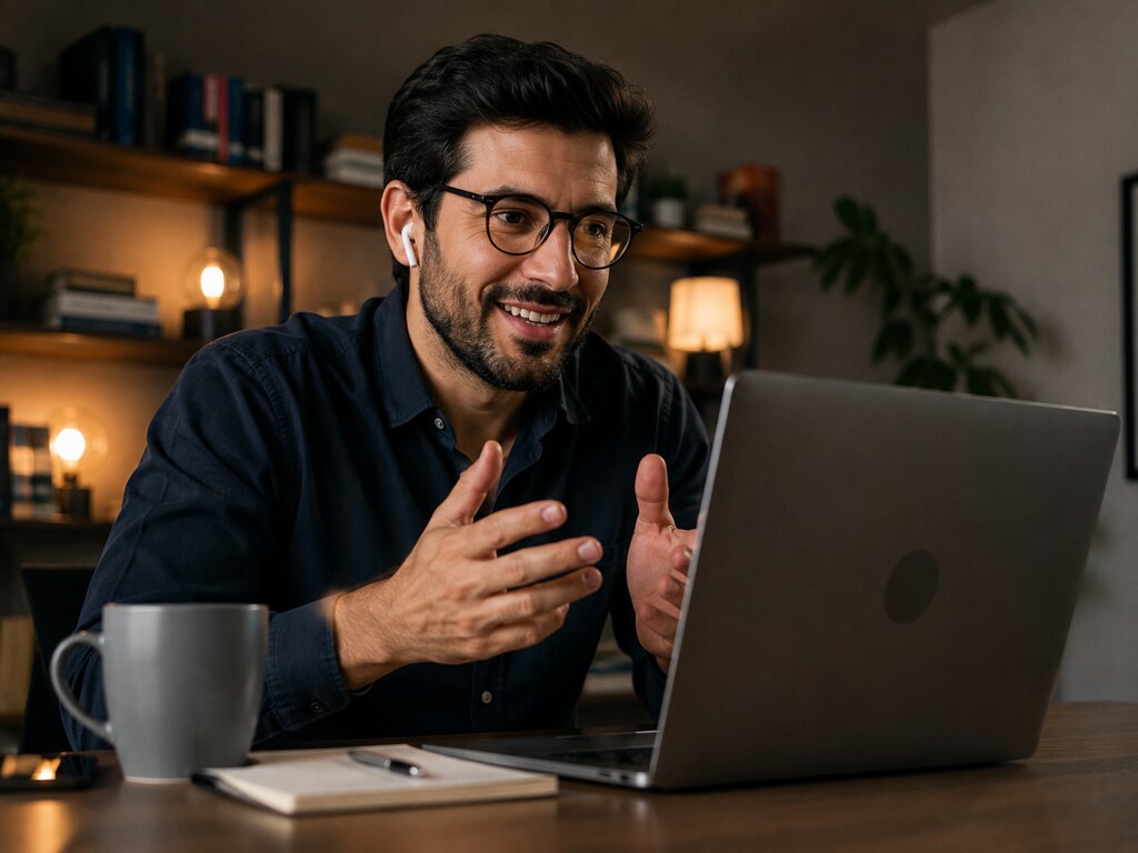 Profissional participa de videoconferência pelo notebook em ambiente de trabalho, representando como aplicar SPIN Selling por meio de perguntas estratégicas para entender necessidades, problemas e objetivos dos clientes.