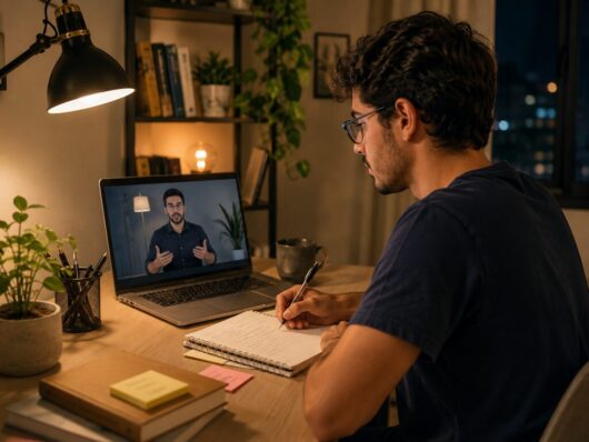 Aluno assiste a aulas de curso online pelo notebook e faz anotações em caderno durante os estudos, representando aprendizado digital, capacitação profissional e flexibilidade para estudar em casa.