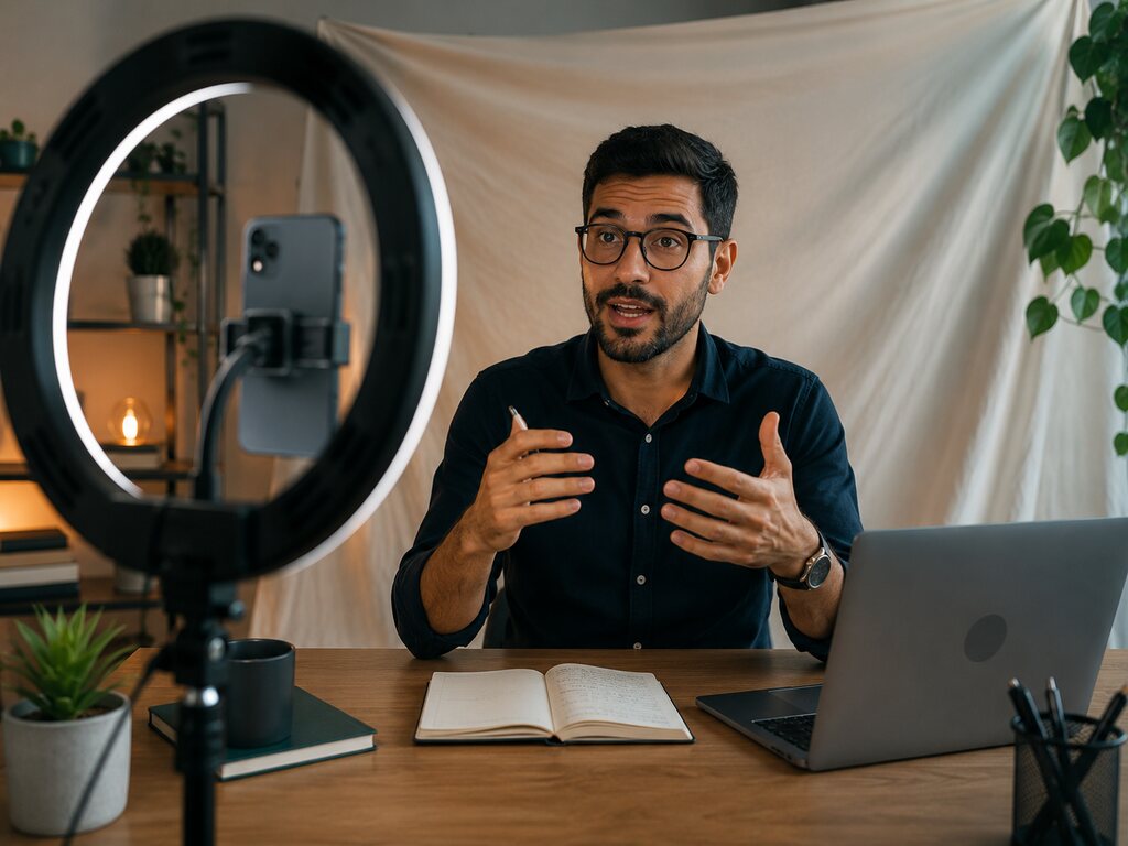 Criador de conteúdo grava vídeo com smartphone e ring light em ambiente doméstico, representando como vender cursos online por meio de aulas digitais, produção de conteúdo e estratégias de divulgação na internet.
