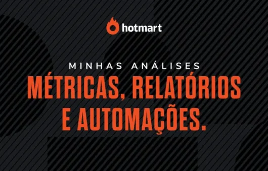 Fundo preto com traçado diagonal, escrito em branco e vermelho "Minhas análises métricas: métricas, relatórios e automações