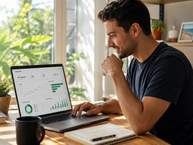 Entrepreneur uses a laptop to analyze digital sales, tracking revenue charts, conversion rates, and product performance on an online business metrics dashboard.