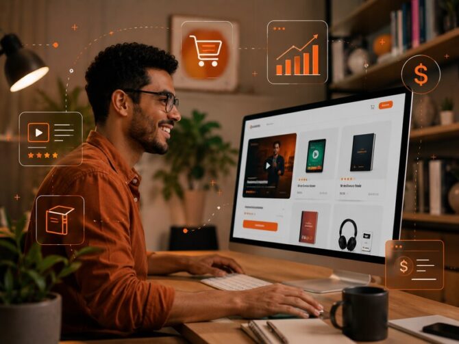 Digital entrepreneur accesses an online store with different products on a computer, representing digital sales in ecommerce, content commercialization, and online business growth.