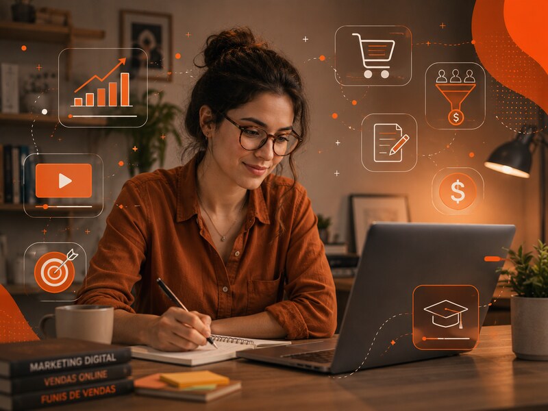 Una creadora de contenido trabaja en su notebook rodeada de elementos de marketing, cursos y pagos, que representan las ventas digitales, la creación de productos online y las estrategias para llegar a clientes por internet.