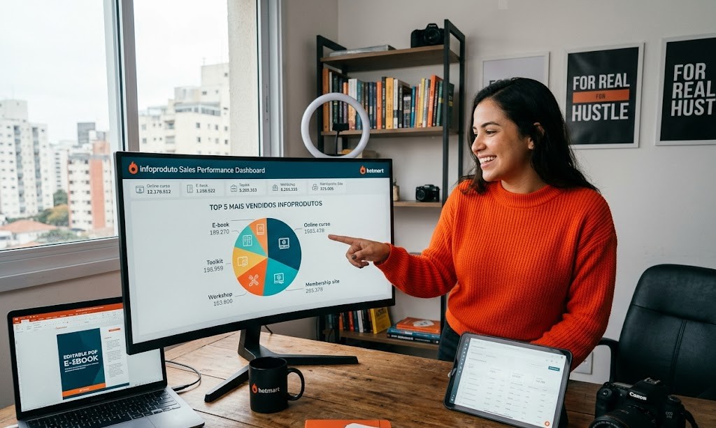 mulher apontando para o computador mostrando os Infoprodutos mais vendidos