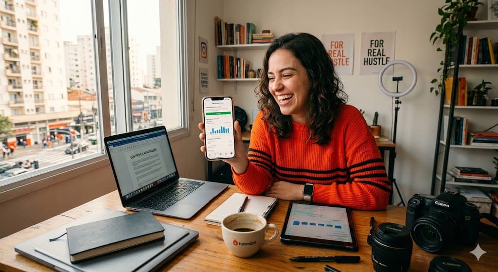 Uma mulher com celular na mão mostrando com quantos seguidores começa a ganhar dinheiro no instagram