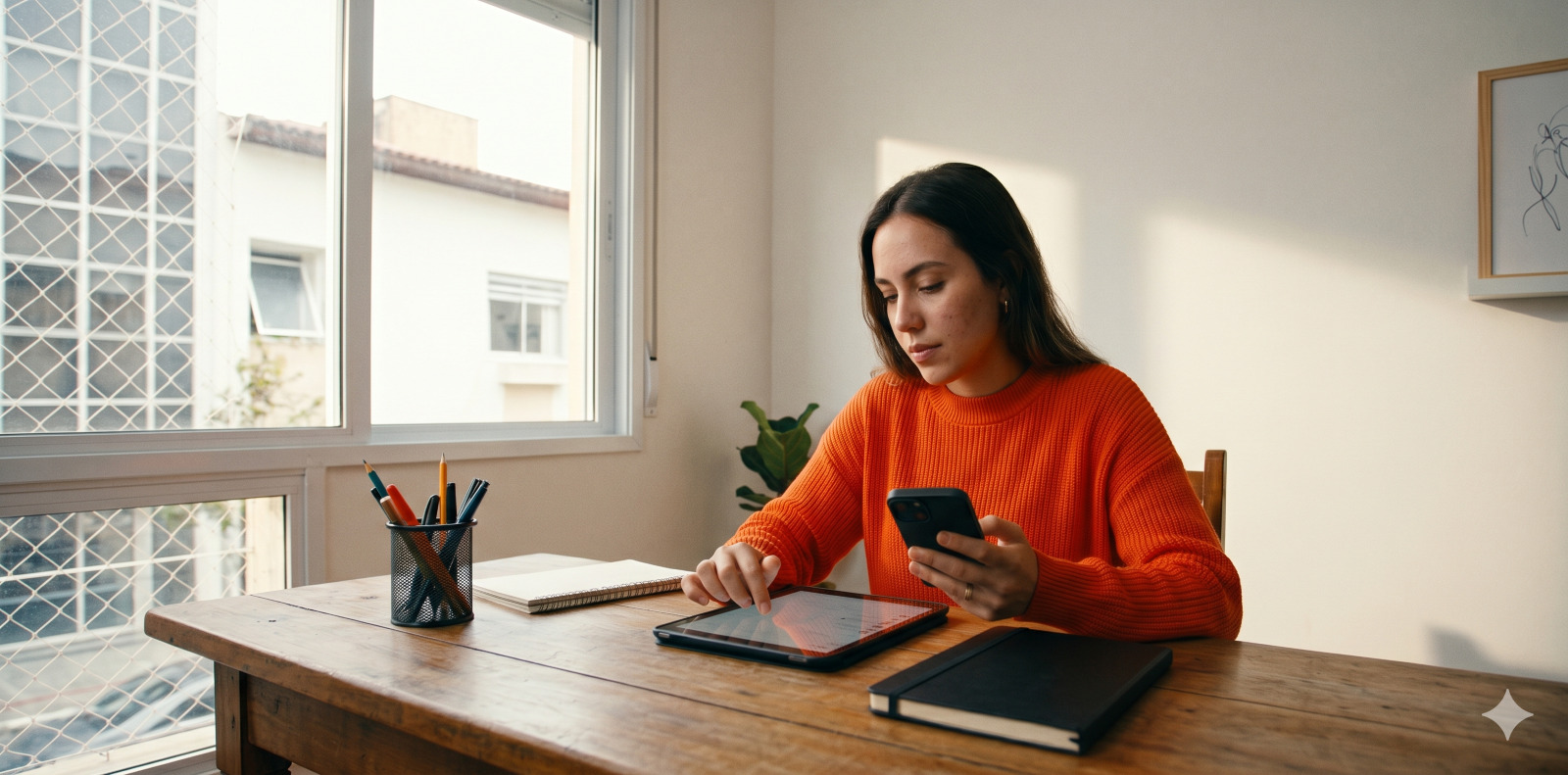 Mulher sentada usando o celular e tablet aprendendo a como ganhar dinheiro no instagram