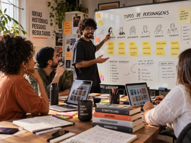 Equipe em reunião de brainstorming ao redor de quadro branco com exemplos de tipos de personagens: protagonista, antagonista, deuteragonista, coadjuvante, oponente e figurante, cada um com suas características.