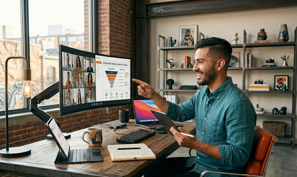 homem em reunuão falando sobre Ideias de Negócios Digitais