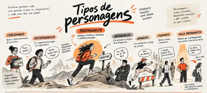 Infográfico ilustrado mostrando os tipos de personagens em uma narrativa: protagonista, coadjuvante, deuteragonista, antagonista, oponente, figurante e falso protagonista, com suas funções na história.