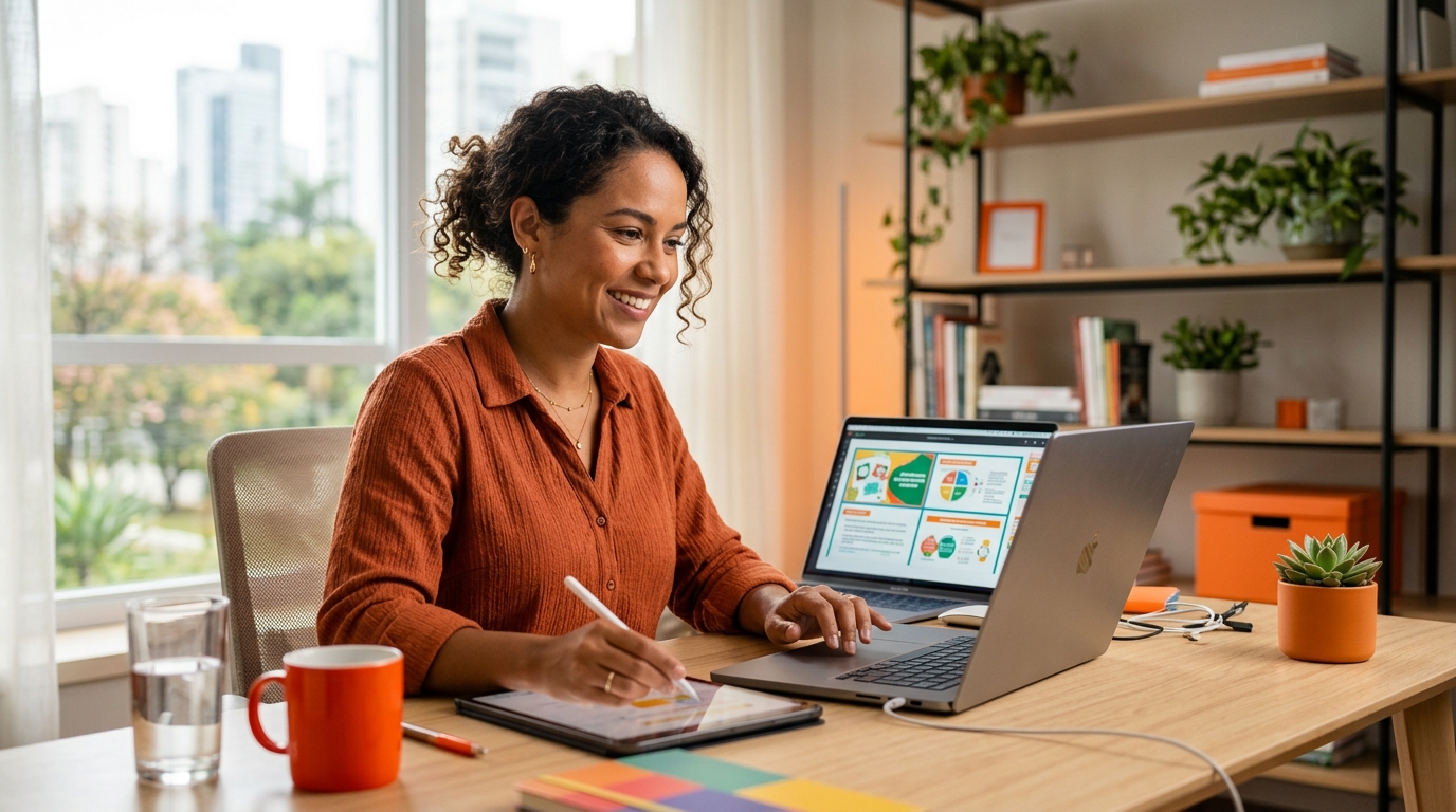 Professora usando o Canva para professores no laptop para criar materiais didáticos