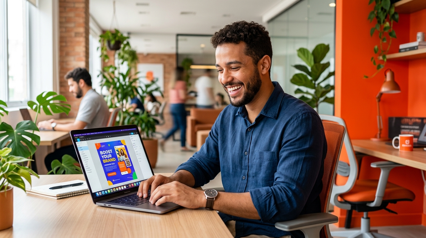 Empreendedor digital usando o Canva Pro de graça no laptop