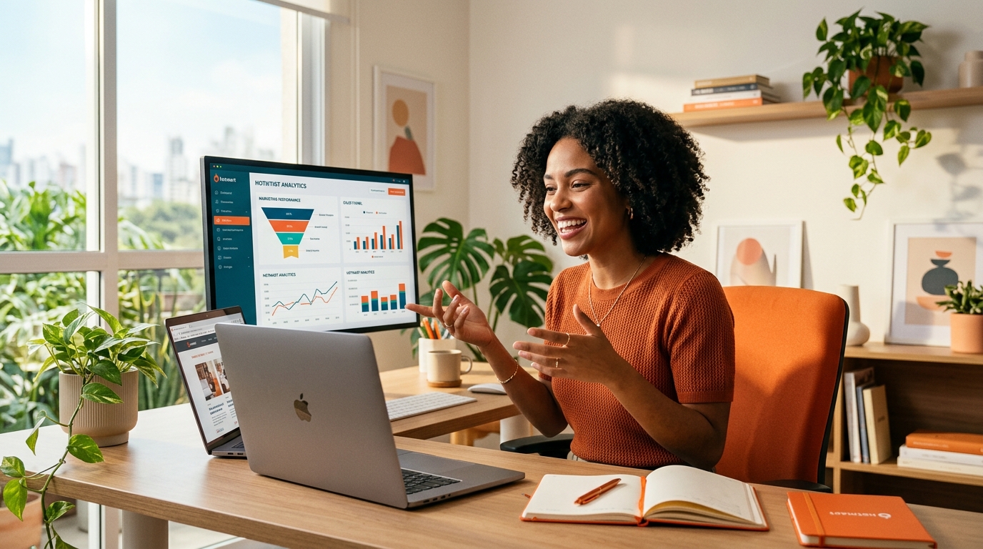 Empreendedora digital analisando estratégias de marketing digital em um escritório moderno com elementos laranja da Hotmart