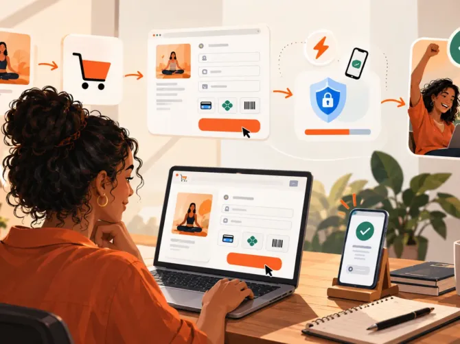 Ilustração de como funciona o checkout: da escolha do produto ao preenchimento dos dados, passando por segurança de pagamento e confirmação no celular, até a compra aprovada com sucesso.
