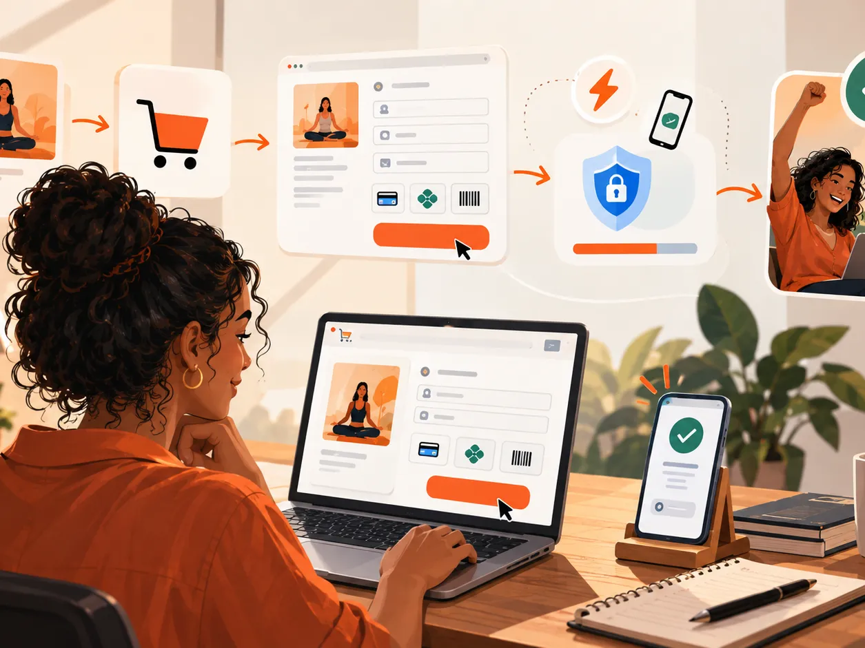 Ilustração de como funciona o checkout: da escolha do produto ao preenchimento dos dados, passando por segurança de pagamento e confirmação no celular, até a compra aprovada com sucesso.