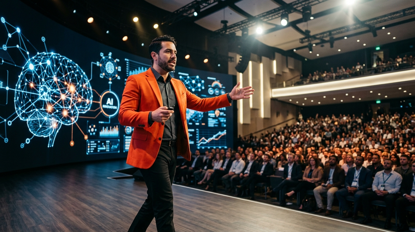 Empreendedor apresentando em evento de IA com visualização de rede neural no palco
