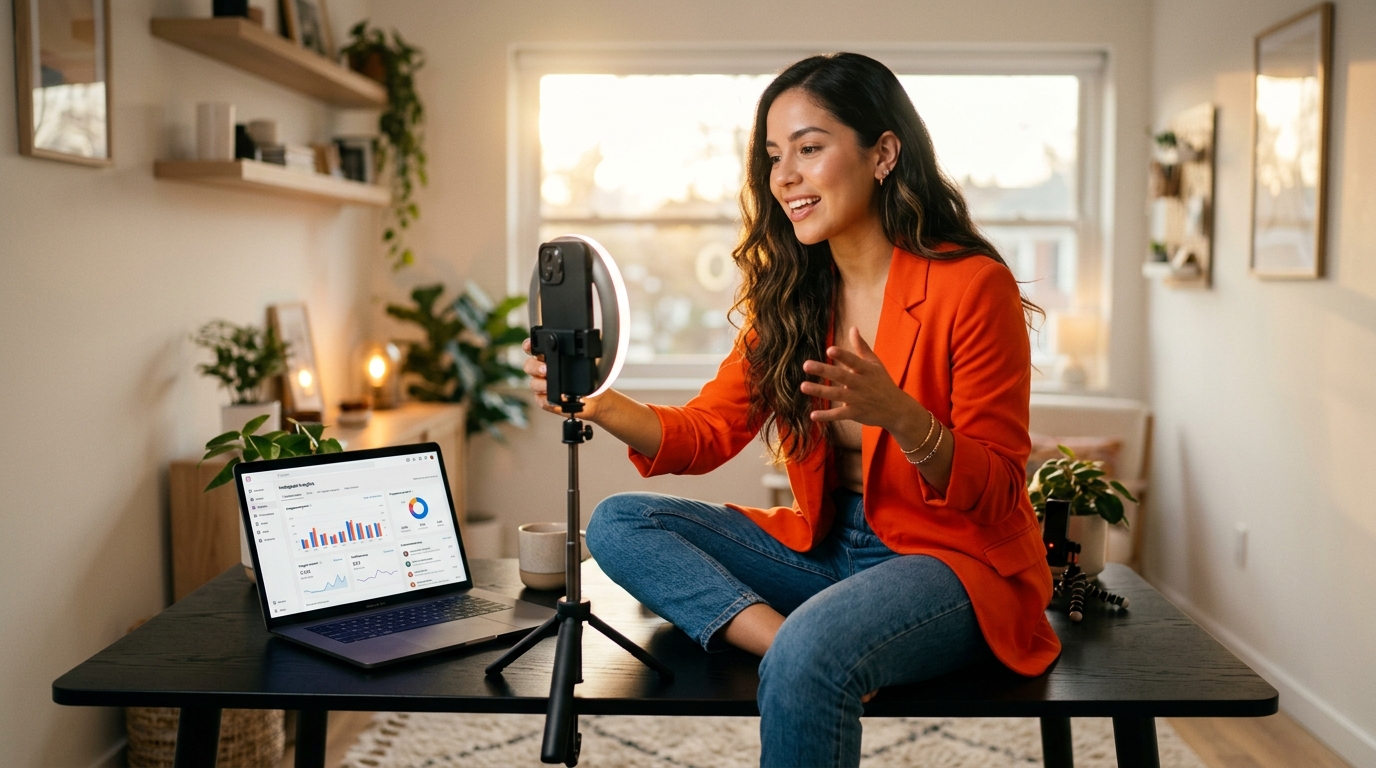 Criadora de conteúdo analisando métricas de Reels no Instagram no celular em home office moderno