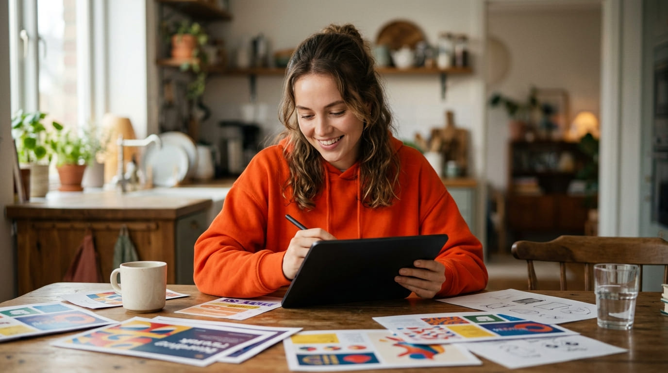 Empreendedora digital usando o Canva Pro de graça no tablet