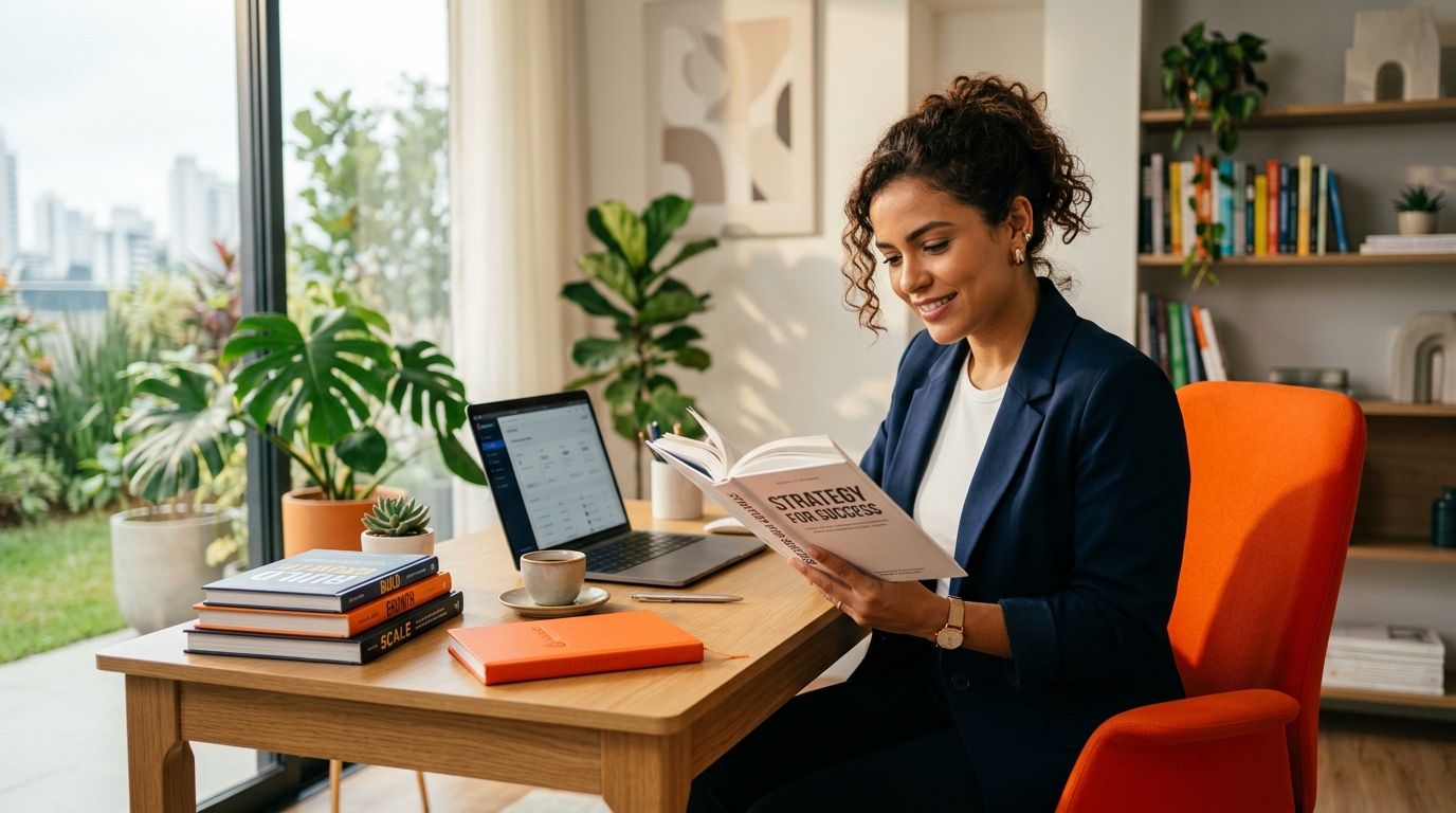 Empreendedora lendo livro sobre empreendedorismo em escritório moderno com pilha de livros e laptop