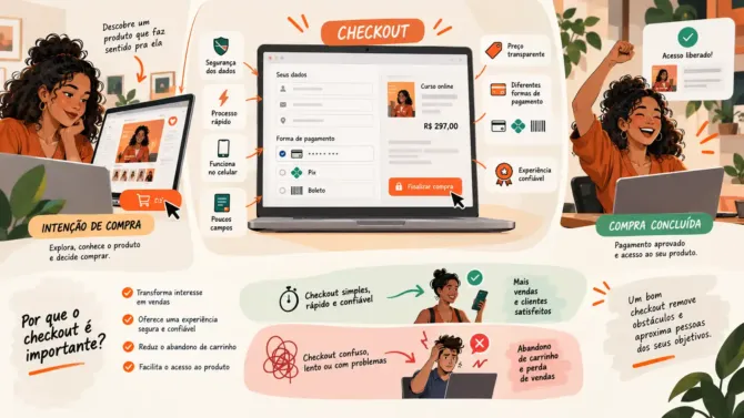 Infográfico explicando o que é checkout: da intenção de compra ao pagamento aprovado, com segurança de dados, formas de pagamento e comparação entre um checkout simples e um confuso.