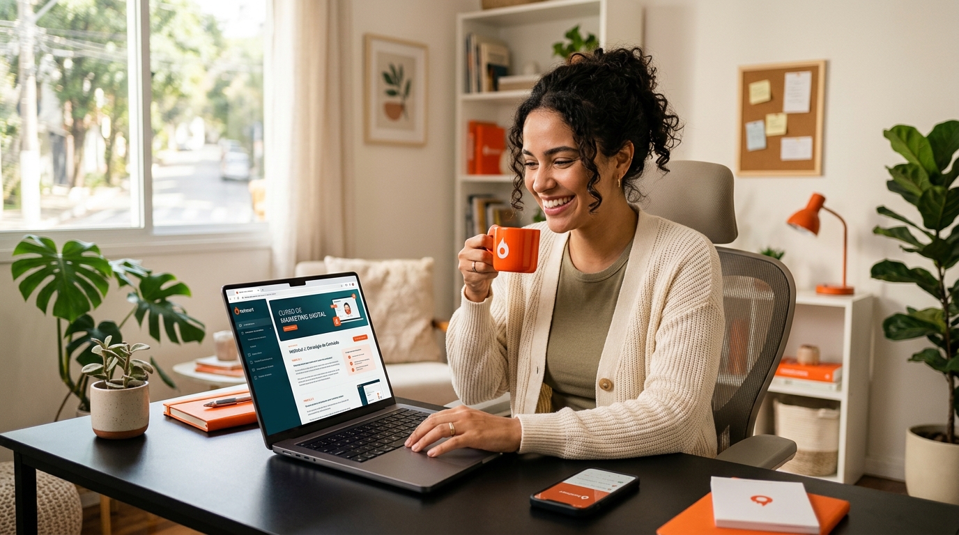 Empreendedora digital sorrindo em home office revisando o layout de um curso online no notebook, com detalhes na cor laranja Hotmart