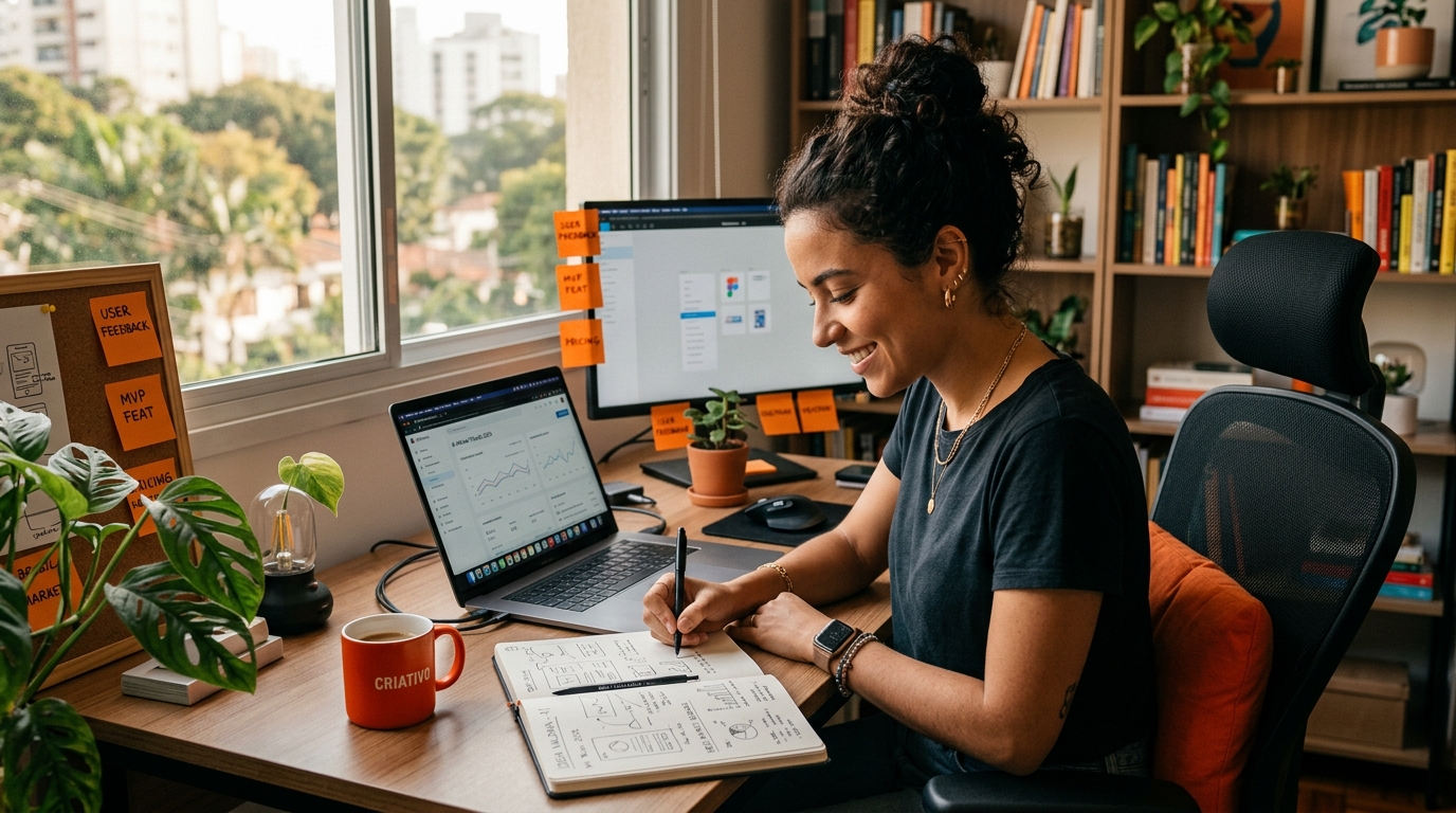 Empreendedora validando ideia de infoproduto com inteligência artificial em home office