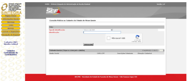 Painel da Sefaz de São Paulo solicitando CNPJ e captcha para consulta