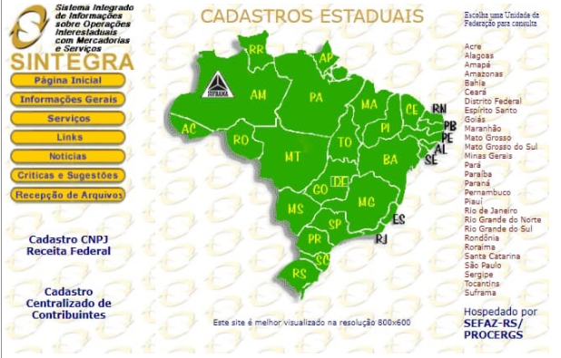 Tela de seleção de estado no site do Sintegra para consulta de cadastro estadual