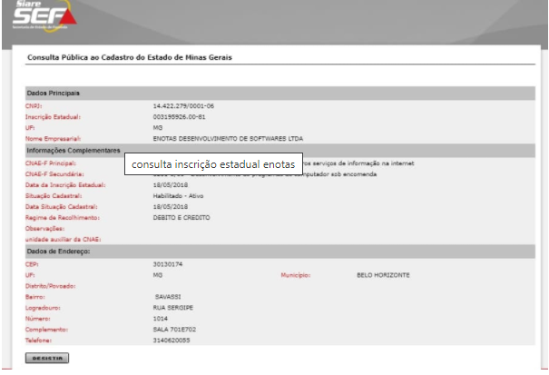 Resultado da consulta de inscrição estadual no painel da Sefaz