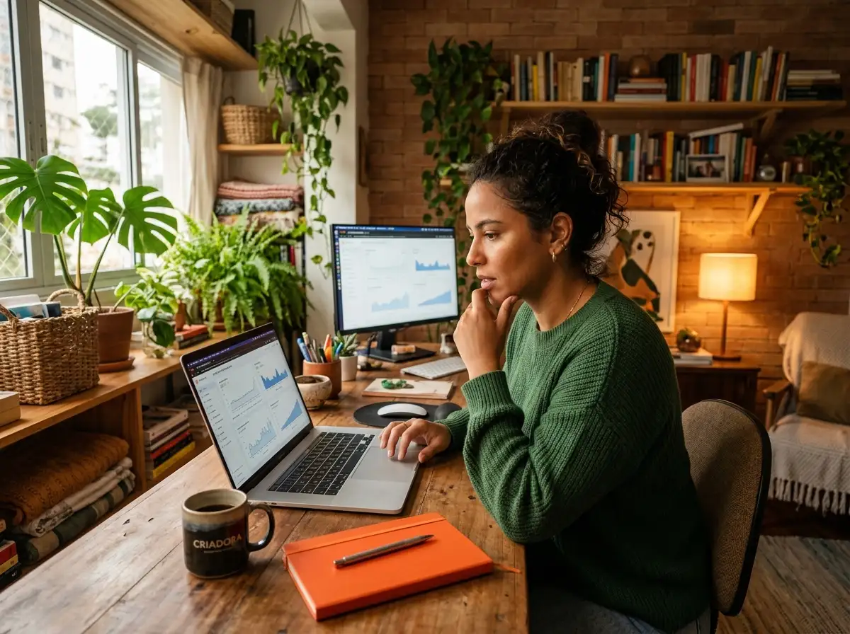 Creator analisando gráficos e métricas de e-mail marketing no notebook, em um home office aconchegante com plantas e iluminação ambiente quente.