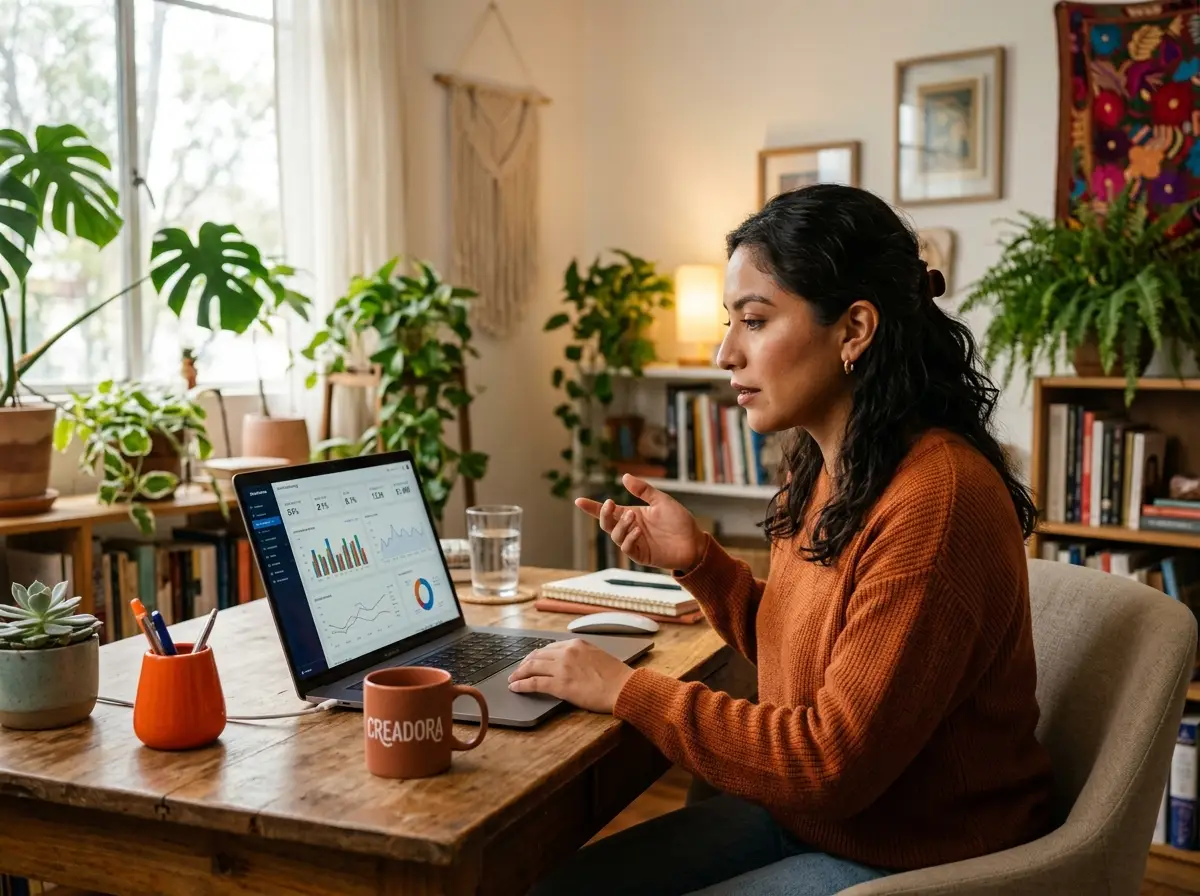 Creadora analizando gráficos y métricas de email marketing en el notebook, en una oficina en casa acogedora con plantas e iluminación ambiente cálida.