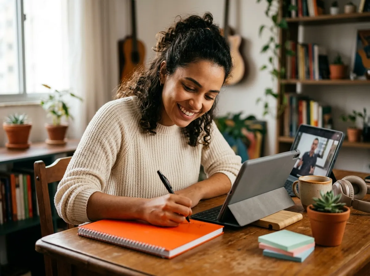 Alumna sonriendo mientras ve una clase online y toma notas en un cuaderno, con la expresión de quien acaba de entender un concepto importante del curso.