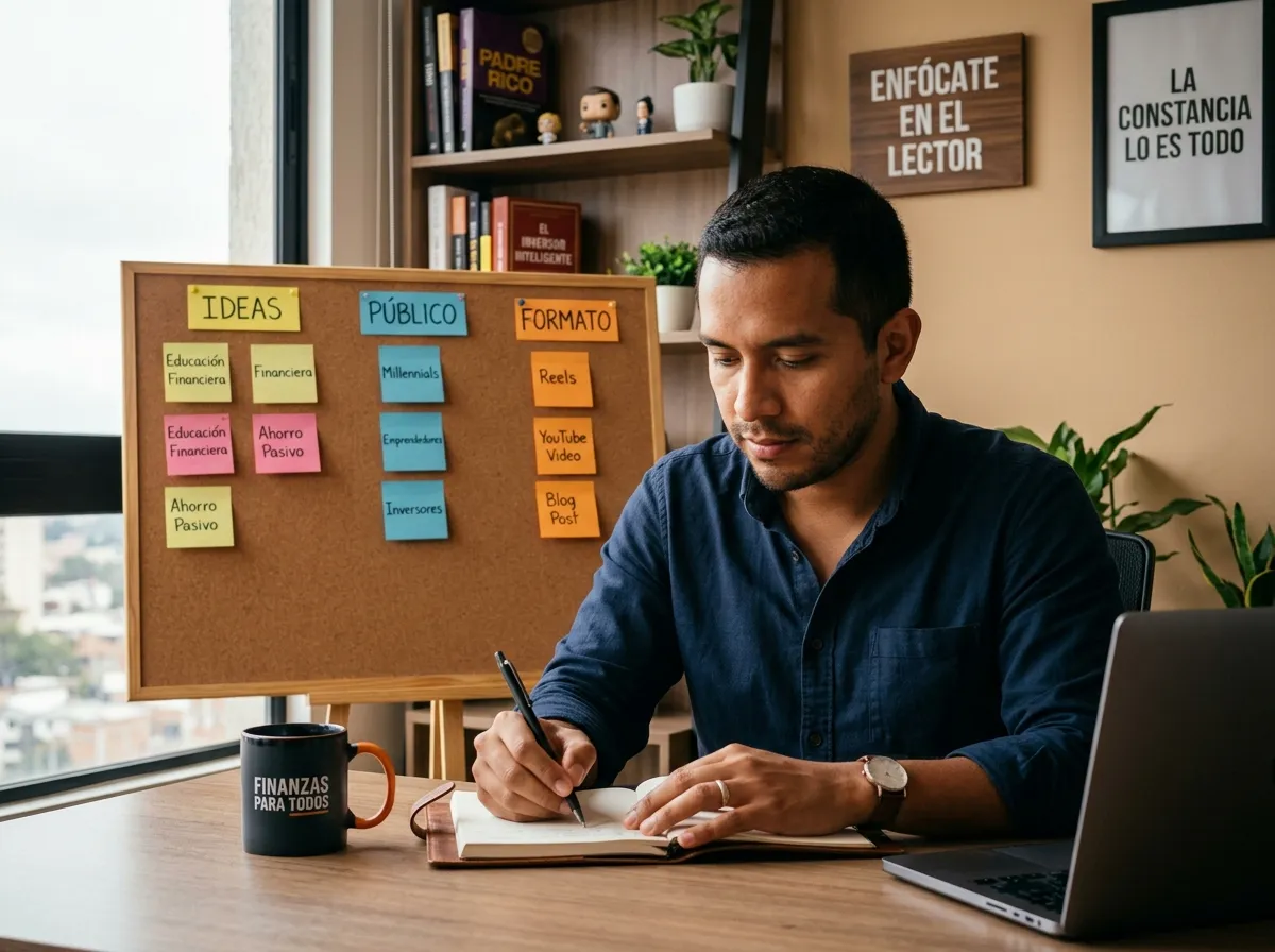 Creador de finanzas haciendo brainstorming en una oficina con libros y notas adhesivas organizadas en columnas, planificando el contenido ideal de su newsletter para su público.