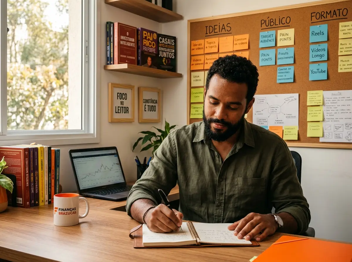 Creator de finanças fazendo brainstorming em um escritório com livros e post-its organizados em colunas, planejando o conteúdo ideal da sua newsletter para o público.
