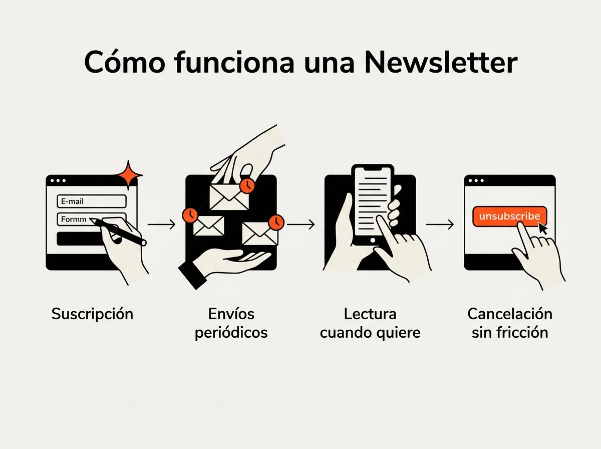 Infografía que ilustra cómo funciona una newsletter, con cuatro etapas: suscripción, envíos periódicos, lectura cuando el suscriptor quiera y cancelación sin fricción.